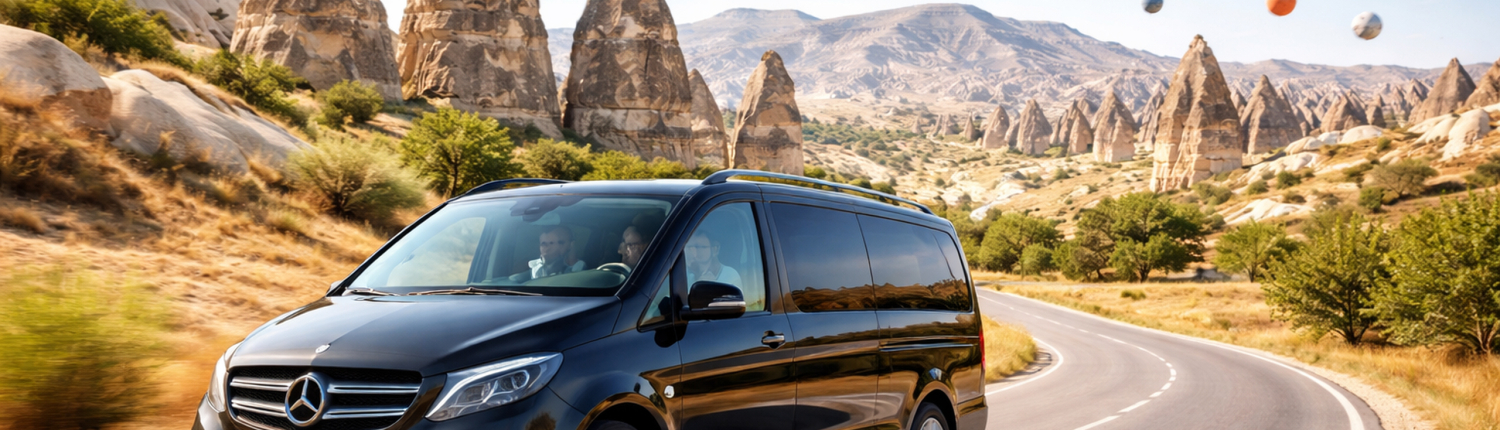 Kayseri Airport to Cappadocia Private Transfer – Direct Service Luxury minivan driving through Cappadocia’s valleys under a clear blue sky, representing a private transfer from Kayseri Airport